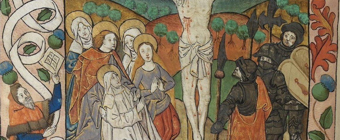 The Crucifixion Christ dead on the Cross with the Virgin Mary John and the Three Maries mourning f. 92v copy 2