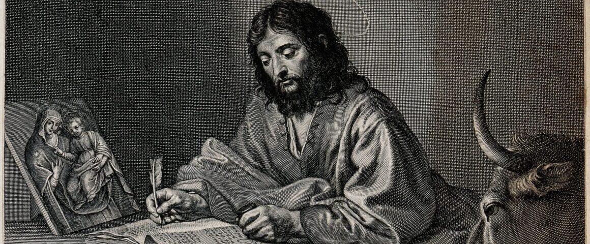 Saint Luke writing his Gospel with a quill, accompanied by an ox; engraving after Valentin de Boulogne.
