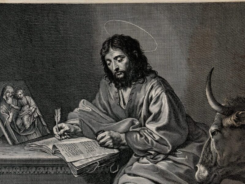 Saint Luke writing his Gospel with a quill, accompanied by an ox; engraving after Valentin de Boulogne.