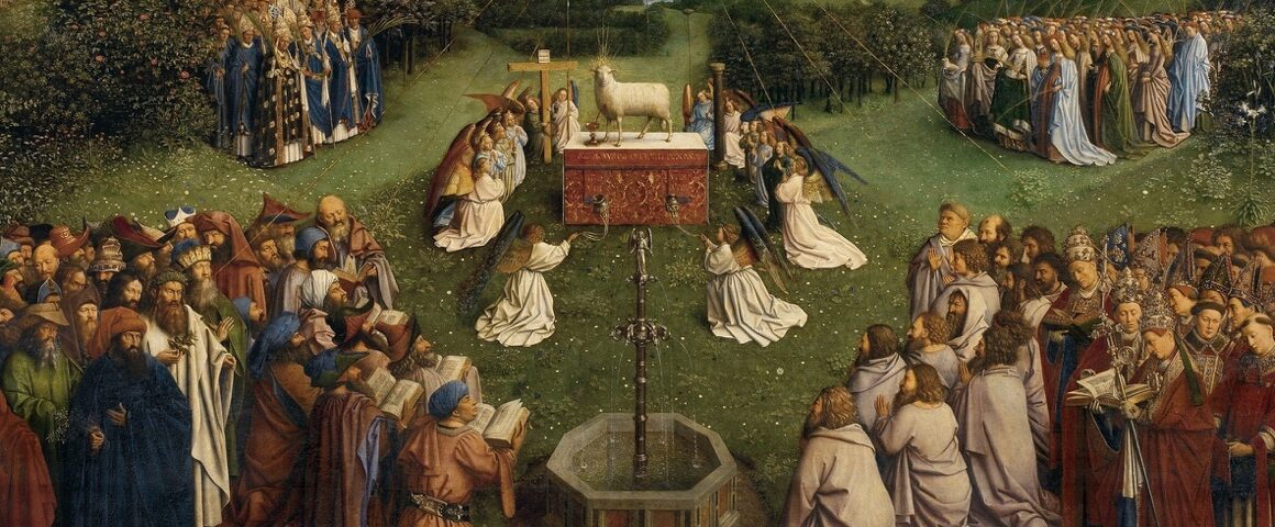Saints and angels gathered around the Lamb of God on an altar, from the Ghent Altarpiece by Jan van Eyck.