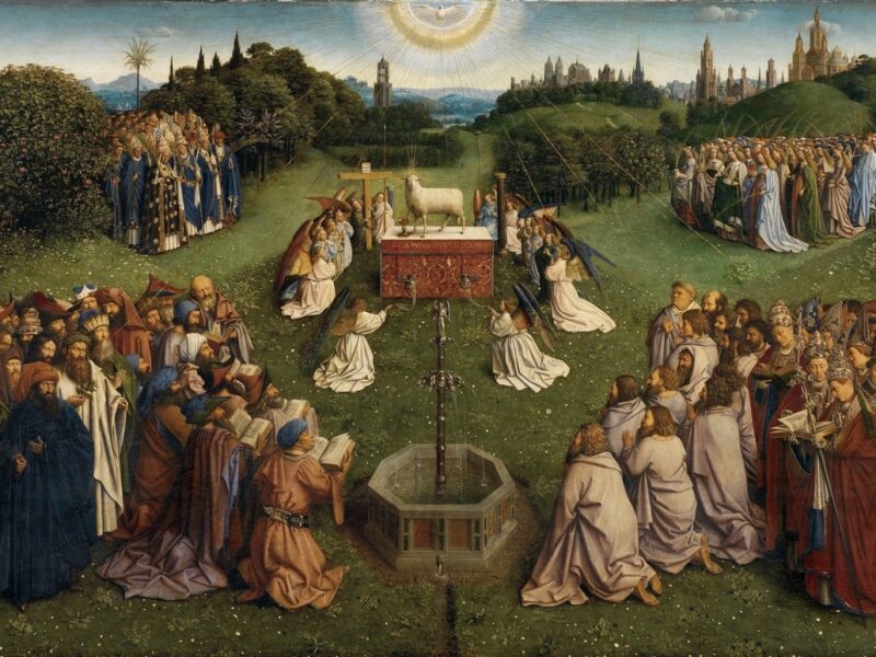 Saints and angels gathered around the Lamb of God on an altar, from the Ghent Altarpiece by Jan van Eyck.