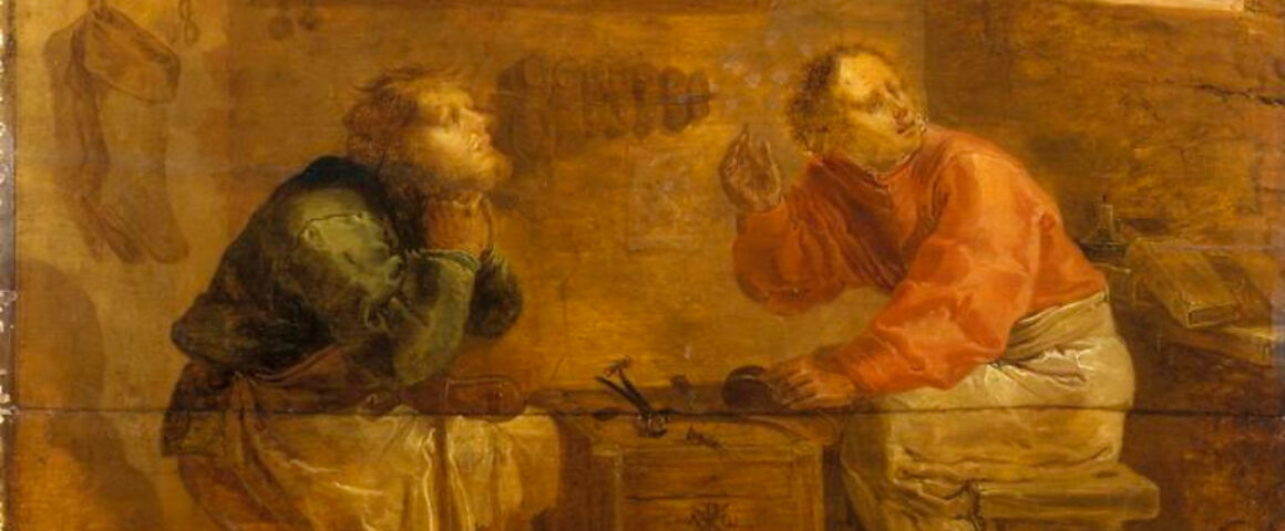 Saints Crispin and Crispinian seated at a shoemaking bench, surrounded by shoes and tools, in a painting by Jan van der Venne.