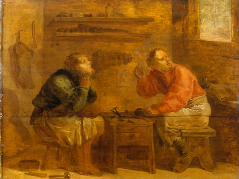 Saints Crispin and Crispinian seated at a shoemaking bench, surrounded by shoes and tools, in a painting by Jan van der Venne.